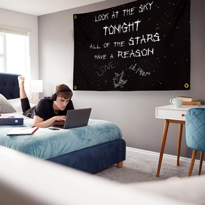 Striscione Lil Peep "Look at the Sky Tonight", Arazzo con testo di canzone nero stellato, Decorazione da parete in poliestere per fan di Emo, <span class=keywords><strong>Rap</strong></span> e musica - Product Image 5