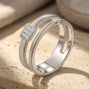 Vintage Textured S925 Sterling Silver Double Band Moissanite Inlay <b>Open</b> Stackable <b>Ring</b> For Female Gift Wear - Product Image 2