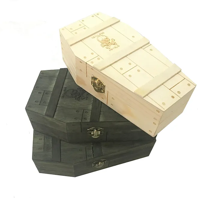 Halloween Wooden Coffin Box with Hinged Lid & Clasp Mini Coffin Jewelry Storage Case with Skeleton Skull Carved Miniature Casket