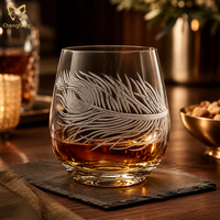 Verre à vin sans pied en cristal gravé à la main de 340 ml, motif personnalisé en émail, motif paon