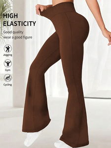 High Waisted Flared Yoga <b>Pants</b> Full Length Fitted <b>Spandex</b>/Nylon Solid Color Elastic Waist Seamless Design Ruched Butt Fitness - Product Image 3
