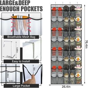 Organisateur de chaussures à suspendre sur la porte, 40 poches, en maille grise, grande capacité de rangement pour chaussures derrière la porte - Product Image 2