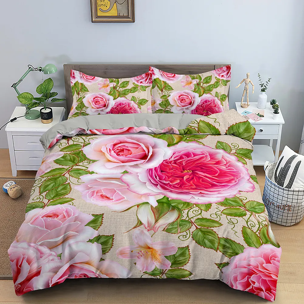 Comforter 3D Rose Flower Duvet Cover Double Queen Bedding Set 2/3pcs Quilt Cover With Zipper Size Comforter Cover Valentine Closure King