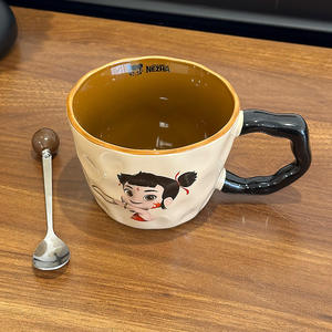 Nezha Ceramic <b>Mug</b> With Spoon Cartoon Design Red Beige Color For Gift Office Home Use - Product Image 5