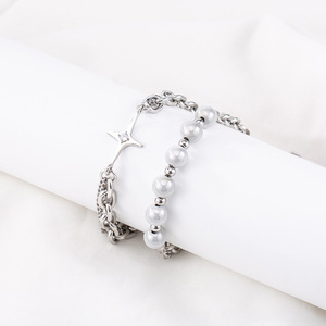 yunnique Layered Necklace Double <b>Chain</b> Star Pendant <b>Titanium</b> Steel Beaded Party Jewelry - Product Image 2