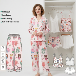 Conjunto de Pijama para Mujer con Logotipo Personalizado, Algodón, Bambú, Modal, Ropa de Dormir, Pijama Femenina, Estampado, 3 Piezas, con Volantes, Ropa para Estar en Casa - Product Image 3