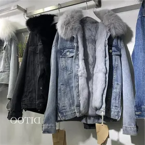 Nueva chaqueta de invierno cálido genuino de las mujeres abrigo de piel de conejo de Jeans Mujer Denim Chaquetas chicas Cuello de piel Parka corta