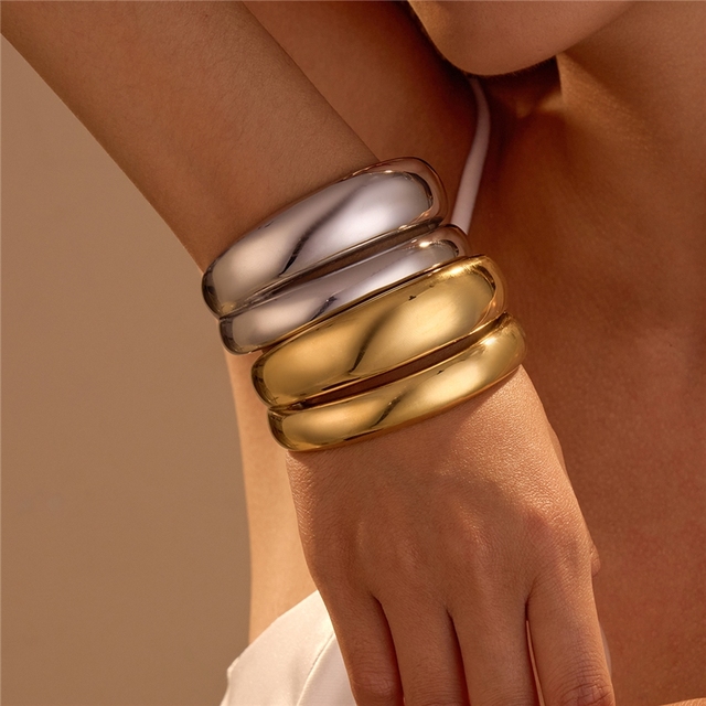 Bold Dome Cuff 18K Gold Plated Stainless Steel Bracelet Non Tarnish Minimalist Fashion Bangle