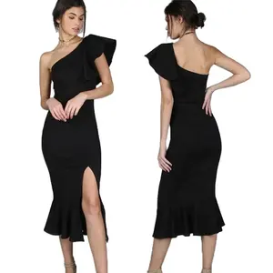 महिला के कपड़े फैशन काले देवियों व्याकुल एक कंधे स्प्लिट मिडी पार्टी ड्रेस शाम कपड़े