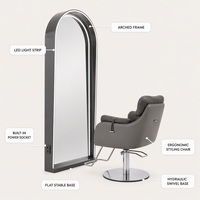 Miroir de salon LED arqué sur pied avec éclairage intégré et prise intégrée pour chaise de coiffure