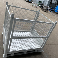 Cage à palettes en treillis métallique pliable, robuste, empilable, en acier, boîte de rangement, conteneur en treillis galvanisé avec base métallique