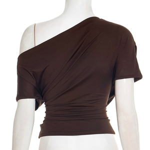 Viviblook J26TP019 – Nouveau T-shirt plissé uni à épaules dénudées et taille cintrée pour femme, idéal pour l'été - Product Image 6