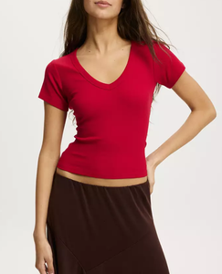 Customized Summer 100% Cotton Rib Breathable Slim Fit Causal <b>V</b> <b>neck</b> Crop <b>Top</b> for <b>Women</b> - Product Image 3