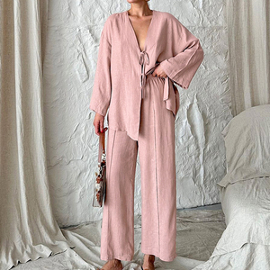 Ropa informal de <span class=keywords><strong>verano</strong></span> para <span class=keywords><strong>mujer</strong></span>, ropa de salón de 2 piezas, blusa transpirable suave de algodón 100%, pantalones, conjunto de <span class=keywords><strong>pijama</strong></span>, tela tejida con patrón sólido - Product Image 1
