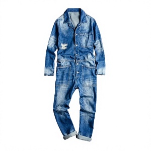 Combinaison en jean stretch taille haute mi-mollet pour femme, style vintage, couleur unie, écologique, avec dentelle, manches longues, été - Product Image 1