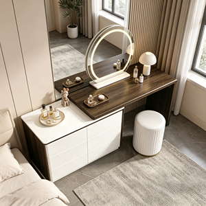 Ensemble de coiffeuse en bois blanc avec miroir LED rond, coffre de rangement, base verticale cannelée dorée, tabouret et bureau de maquillage extensible pour chambre à coucher - Product Image 6