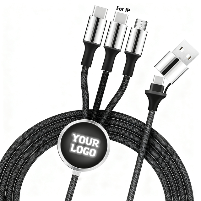 Custom Logo Promotional Data Cable Gift 1.2m Nylon Braided 3 2 Dual Input USB Type C Pure Copper LED Charging Cable