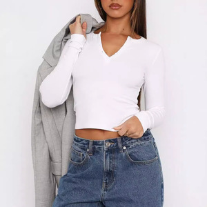 T-shirt à manches longues pour femme, style Y2K, slim, à rayures côtelées, boutonné, tendance - Product Image 2