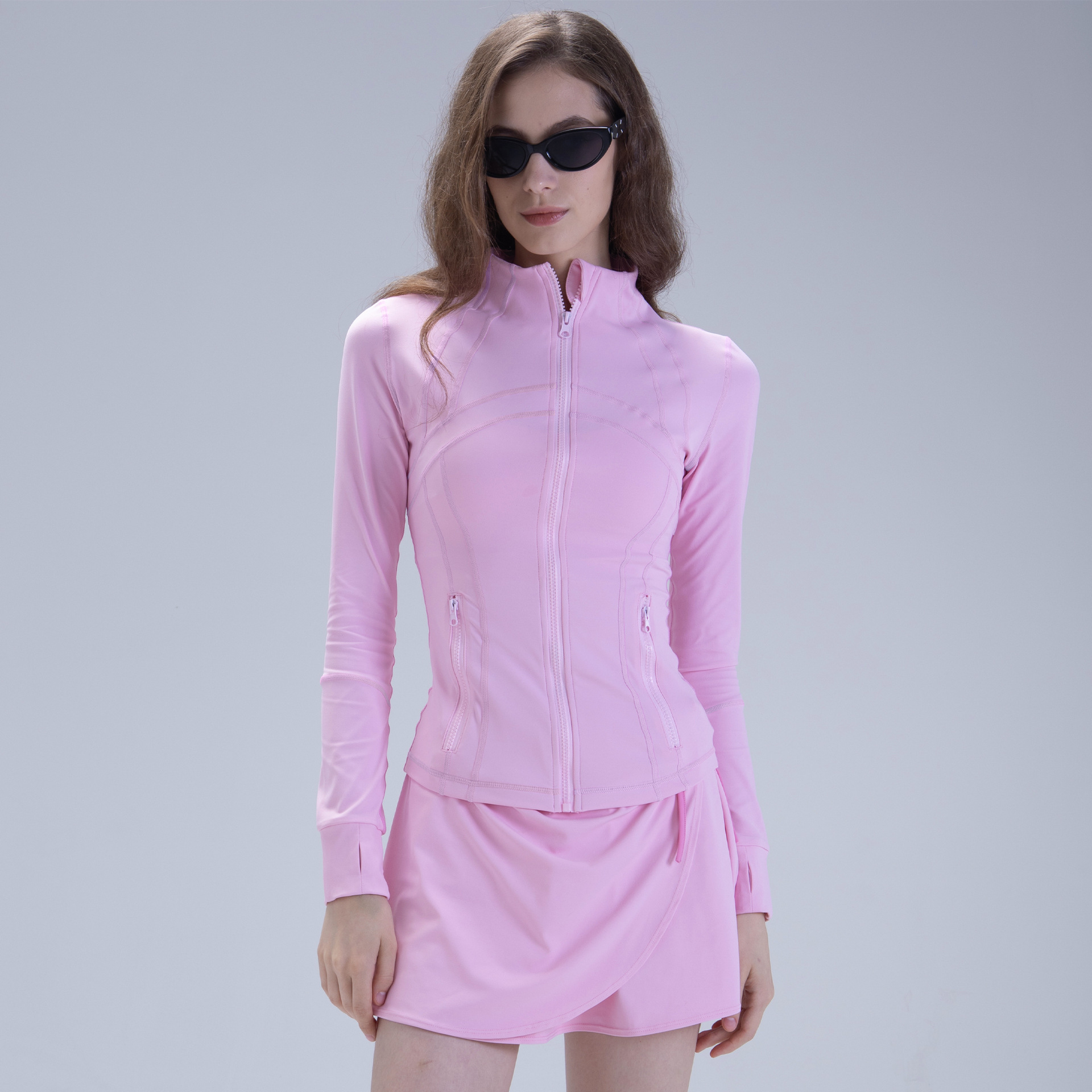 Slim Fit Solid Four-Way Stretch Long Sleeved Yoga Suit Top Tight Fitting Gold Zipper Yoga Running Stand Collar Sports Jacket