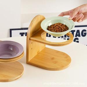 Soporte elevado para tazón de gato B.HAPPY PET de bambú, comedero con forma redonda de madera maciza para gatos - Product Image 3