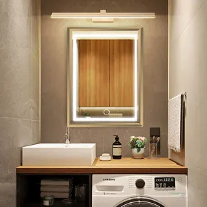 批发酒店家居触摸屏框架金色矩形镜子发光二极管沐浴魔术智能镜子IP65防水浴室镜