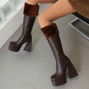 Winter Fur Top Turn Over Women Platform Knee High <b>Boots</b> Square Toe Long Booties High Chunky Heels Shoes - Product Image 2