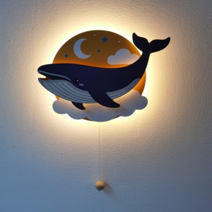 Decoración de Pared de Madera con Forma de <span class=keywords><strong>Ballena</strong></span>, Lámpara de Pared Decorativa de Múltiples Capas para Cuarto de Niños, Funciona con Pilas AA, Interruptor de Cable - Product Image 2