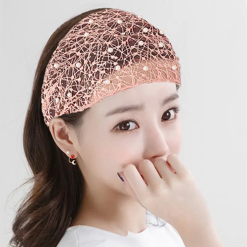 Wholesale Pearl Headband Lace Weaving Turban Head Bands for Women Hair Accessories Shiny Elastic Hair Band Bandana Head wrap