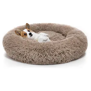 Cama de cachorro luxuosa e fofa lavável redonda de pelúcia para animais de estimação, roupa de cachorro luxuosa e calmante