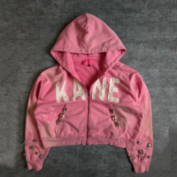 Sweat à capuche zippé surdimensionné en coton épais de qualité supérieure, style streetwear vintage délavé à l'acide, avec broderie et strass