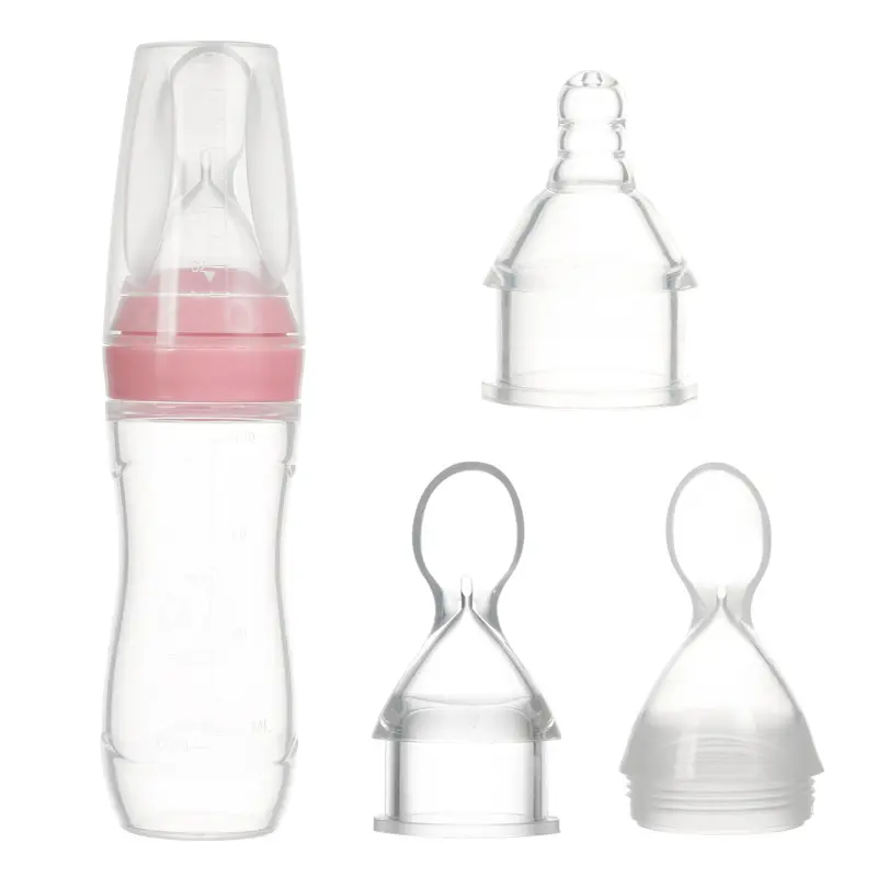 Silicone soft spoon head rice cereal bottle baby training silicone milk bottle squeeze spoon feeding bottle set 3 pieces