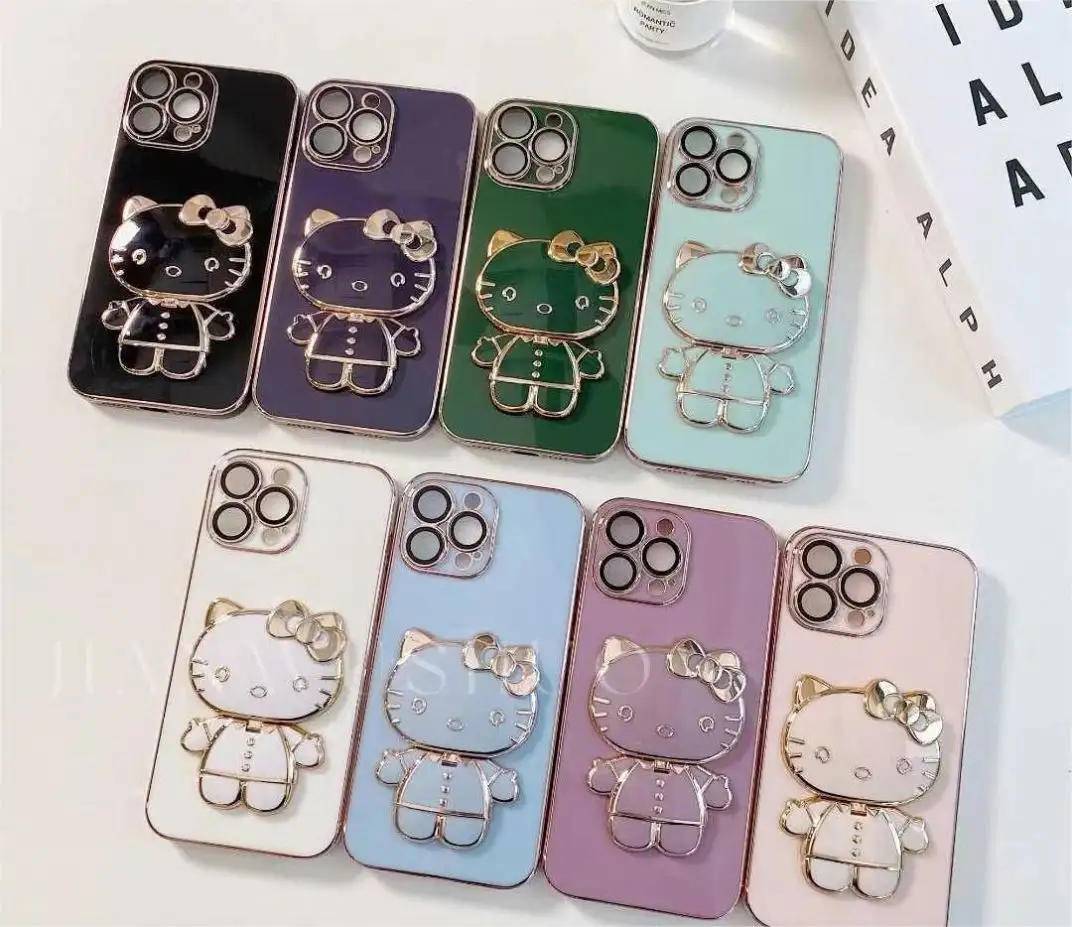 Popular with girls Hello Cute Kitty 3D Cat Makeup Mirror Mobile TPU Phone Case For iPhone 14 13 12 11 Pro max with Holder