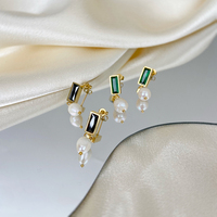 Boucles d'oreilles pendantes rectangulaires en zircon et perle d'eau douce, en acier titane plaqué or véritable 18 carats, style rétro élégant