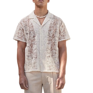 OEM estivi con bottoni Casual in <span class=keywords><strong>pizzo</strong></span> a maniche corte camicie all'uncinetto per uomo su misura con Logo Jacquard - Product Image 1