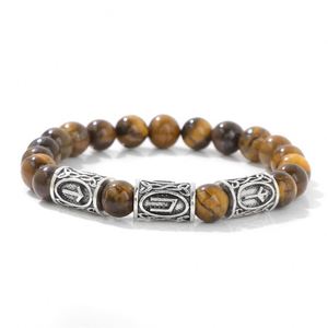 Viking Rune Stone Beads - Retro Tiger Eye, <b>Amethyst</b> & Turquoise Stretch Beads <b>Bracelet</b> for Unisex - Product Image 3