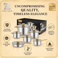 ZHEN NENG 12-teiliges Topfset mit Goldgriffen, 3-lagigem Boden, Kochtopf, Saucenpfanne, Bratpfanne, OEM-Glasdeckel, Edelstahl-Kochtöpfe