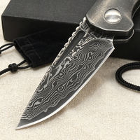 Pisau Lipat Mini Premium Baja Damaskus Gagang Tulang Sapi Ringan EDC untuk Berkemah Piknik Membongkar Paket