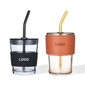 Personalized Outdoor Tea Cup Custom Logo Glass Coffee Mug with PU Sleeve Holder and Straw