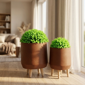 Jardinière au sol <span class=keywords><strong>en</strong></span> fibre de verre, style nordique moderne et minimaliste, avec pieds <span class=keywords><strong>en</strong></span> <span class=keywords><strong>bois</strong></span>, grand pot à fleurs avec trou de drainage pour la décoration de la maison et du jardin - Product Image 2