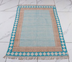 <b>Boho</b> Indian Block Print Cotton <b>Rug</b> Handmade Carpet with Tassels Area <b>Rug</b> Home Decor - Product Image 3