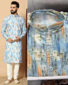 High Quality <b>Men's</b> Light Blue Cotton Rayon <b>Kurta</b> <b>Pajama</b> with Subtle Embroidery Sequin Work Elegant Indian Pakistani Wedding Wear - Product Image 3