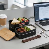 Boîte Bento Portable Double Couche Sans BPA Qualité Alimentaire avec Couvercle en Bambou Écologique, Conteneur de Rangement Lavable au Lave-Vaisselle pour Déchets Alimentaires et Garde-Manger