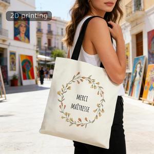 Bolso tote estampado, Merci Maitresse, corona floral, acuarela, gracias, profesora, texto en francés, reutilizable, elegante bolso tote de hombro - Product Image 5