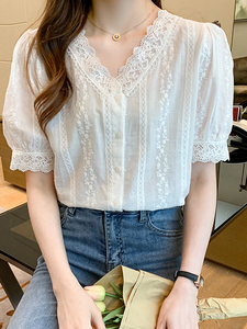 Camicetta Estiva Bianca in Pizzo a Maniche Corte da Donna, Blusa con Scollo a V in Pizzo, Blusas Mujer De <span class=keywords><strong>Moda</strong></span>, <span class=keywords><strong>Top</strong></span> e Camicie da Donna 8556 # - Product Image 4