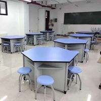 Table de laboratoire scientifique hexagonale pour étudiants, résistante aux produits chimiques, en résine phénolique et alliage d'aluminium, bleue