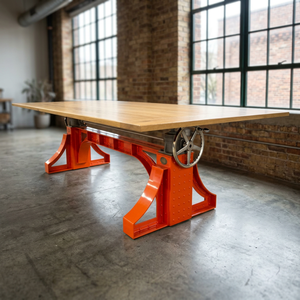 Industrial Vintage Indian Crank Jack <b>Dining</b> <b>Table</b> Iron Solid Mango Wood Height Adjustable Folding Hotel 6-Seater Kitchen - Product Image 2