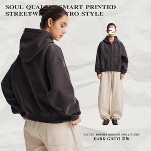 Wholesale Blank Streetwear Custom Vintage Zip Up <b>Hoodies</b> Washed Black Women <b>Men</b> Crop <b>Hoodies</b> - Product Image 2