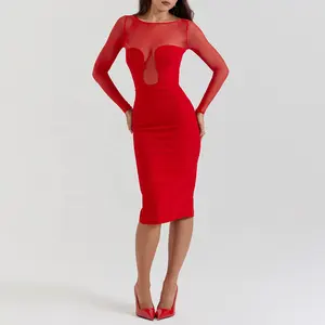 Bold Scarlet Plunge Midi Vestido Sexy Data Night Outfit Moda Blogger Favorito Chic Guarda-roupa Must OEM Vestidos