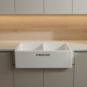 Évier de cuisine double en céramique blanche, style ferme, 33 pouces, à poser sur plan, rectangulaire, facile à nettoyer - Product Image 2