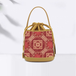 Custom Made Chinese Style Song Brocade Jacquard Oil Waxed Vegetable Tanned Cowhide Handbags Tote <b>Bags</b> With Logo Printing - Product Image 2